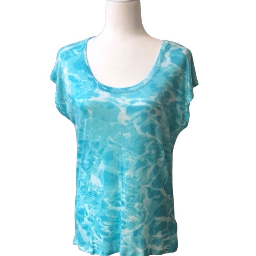 Michael Kors Watercolor Hi-Lo Cap Sleeve Top Turquoise White Size Small Women’s